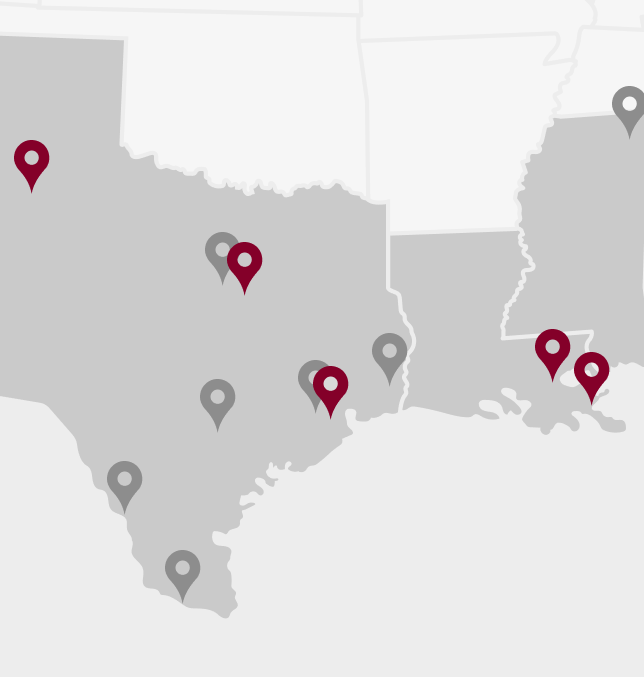 Map of five Briggs locations across Texas and Louisiana